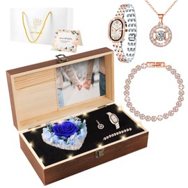 NERCHVO Preserved Real Rose, Valentines Day Gifts for Her, Romantic Gifts for Wife Girlfriend Women, Real Forever Rose, Watches Sets Gifts for Women - Blue Rose