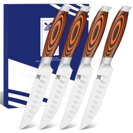 BIGSUNNY 5 Inch 4Pcs Professional Stainless Steel Steak Knife Pakkawood Handle Chef Knife Traditional Design for Kitchen Usecolor: Orange, kitchen knife size: 5 inch