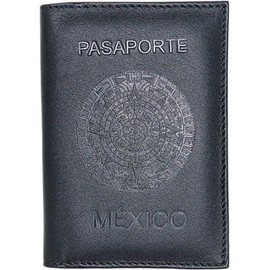 Porta Pasaporte Calendario Azteca de Piel Genuina. Funda de Cuero para Pasaporte y Visa con Ranuras para Tarjetas y Billetes. Organizador de Viaje Ligero, Elegante, Práctico. (Negro)