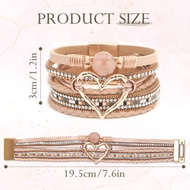 GZJINYUAN Heart Leather Wrap Bracelet, Boho Layered Cuff Bangles with Strong Clasp, Rhinestone Multilayer Stackable Bracelets for Women Girls Gift (Rose Gold), One Size, Faux Leather, no gemstone