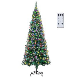 NALONE 6FT Pre-Lit Christmas Tree with Remote Control and Timer, Snow-Kissed Artificial Pencil Christmas Tree with 640 Tips, Pinecones Red Berries, 9 Lighting Modes (Flocked Tips Pencil Tree, 6 FT)