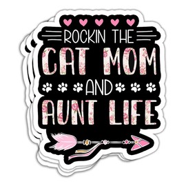 HOHYTA (Set of 3) Rockin' The Cat Mom and Aunt Life Sticker Funny Cat Owner Sticker Aunt Auntie Sticker Cat Lover Gift Cat Mom Decoration Graphic Helmet Bumper- 3"x4"