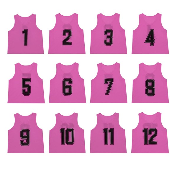 TOEPODO Children's Bibs, 12 Pieces, No. 1 to 12, Front and Back Numbers, Storage Bag Included, 10 Colors, Sweat Absorbent, Lightweight, Breathable, Unisex, Soccer, Basketball, Futsal School, Events, Municipal, Sports Events, Pink