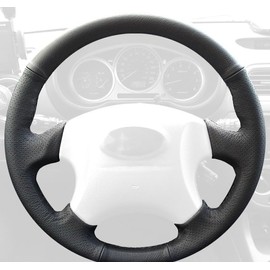 RedlineGoods steering wheel cover compatible with Subaru Outback 2000-04. Tailor made - not universal! Genuine top-grade Italian Black perforated leather with Tan thread