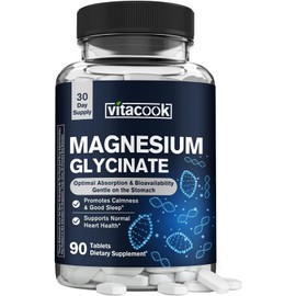 Vitacook Magnesium Glycinate 300 mg, Natural Calmness, Healthy Mood & Cardiovascular Support, High Potency and Ultra-Absorbable, Non Buffered, Non-GMO, 90 Tablets