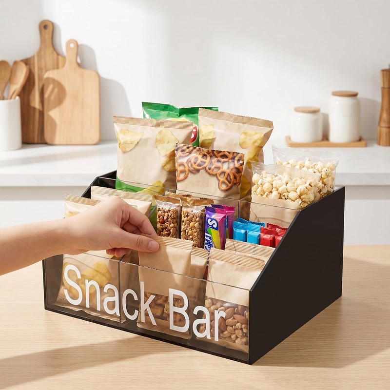 Snack Organizer for Countertop, Black & Clear Acrylic Snack Bar