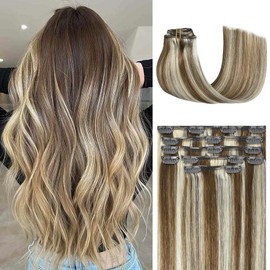 Honsoo Clip Ins Light Brown to Blonde Highlights Hair Extensions Real Human Hair 70g 7pcs 22in Balayage Soft Staight Hair For Women Clip In Hair Extensions Real Human Hair Ombre Hair