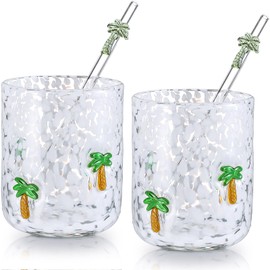 Skylety 2 Set Coconut Tree Icon Juice Glass Cups - Icon Glass Cup with 2 Straw 14 oz Double Old Fashioned Cute Pattern Glassware for Tea, Water, Milk, Coffee, Parties Gifts
