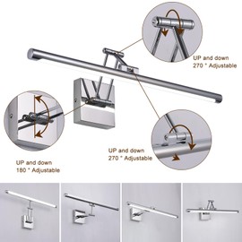 Chrome Bathroom Vanity Light Not Dimmable 16W 24 Inch LED Lamps for Wall over Mirror Modern LED Lamp Bar Round Tube Restroom over Sink Lighting with Adjustable Swing Arm Vanity Wall Sconces