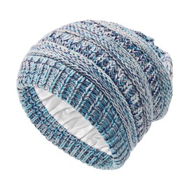 Beanies Women Satin Lined Beanie Winter Hats for Women Silk Lined Slouchy Beanie for Winter Warm Knit Cuffed Beanie Hat, Blue Mix, One Size