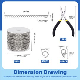 Galrks 102 Pieces 30 Foot Metal White Link Chains, Mentally Plated Tail Chains with Jump Rings and Lobster Clasps for Jewellery Accessories DIY