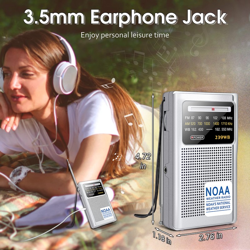 Greadio NOAA Weather Radio, AM/FM Battery Operated Transistor Portable Radio
