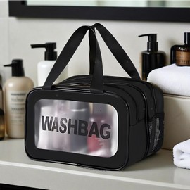 L&FY Large Toiletry Bag, Translucent PVC Makeup Cosmetic Organizer Bag Waterproof With Mesh Pouch For Gym, Workout Swim Beach Shower (Black, M)