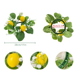 4 Pcs Lemons Candle Rings Wreaths Decorative Greenery Candle Holder with Yellow Lemons and White Flowers Mini Wreaths 3inch Center for Home Kitchen Table Centerpiece