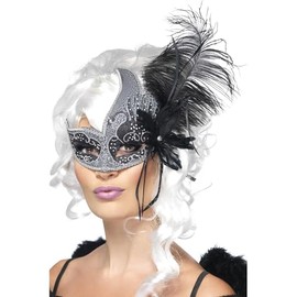 Smiffys Masquerade Dark Angel Eyemask, Silver & Black with Tie Sides & Feathers, Eyemasks Fancy Dress, Adult Dress Up Eye masks