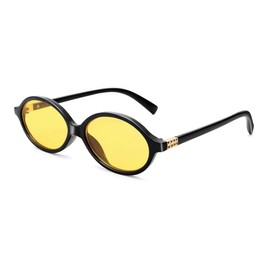NULOOQ Retro Oval Sunglasses for Women 90s Trendy Vintage Small Round Sunnies Shades (Black Frame/Yellow Lens)
