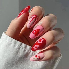Medium Press on Nails Almond Fake Nails Full Cover False Nails with Hearts Flame Smiley Face Designs Glossy Red Acrylic Nails Special Artificial Glue on Nails for Women Girls Spring Summer Daily Wear