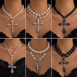 Pearl Cross Big Necklace for Women Gothic Gold Chunky Long Cross Pendant Necklaces Pearl Beads Chain Large Crucifix Dangle Punk Party for Women (gold)