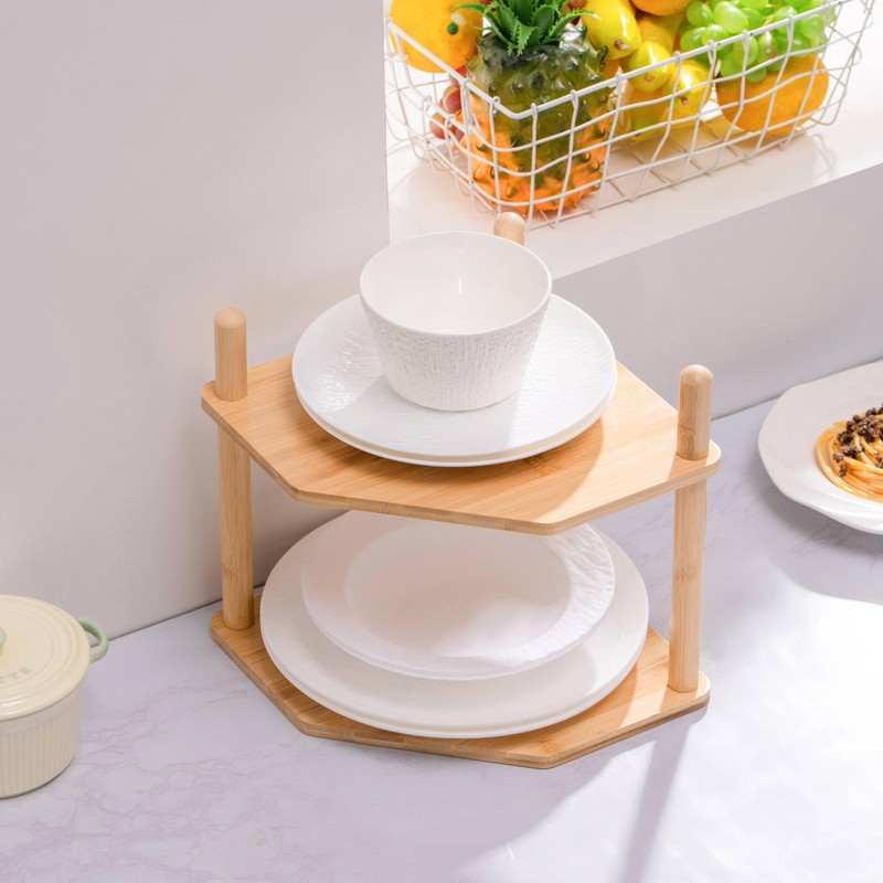 WooFawn 2-Tier Expandable Bamboo Corner Shelf - Dish/Plate Organizer for