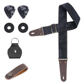 Lvkjafaz Adjustable Guitar Strap Includes 2 Strap Locks & 2 Matching Picks & 1 Picks Holder & 1 leather Strap Button.Leather ends Guitar Shoulder Strap(1-Carved Black)