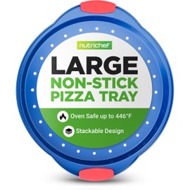 NutriChef 13-Inch Nonstick Pizza Tray - Round Carbon Steel Non-Stick Pizza Baking Pan with Perforated Holes, Premium Bakeware Pizza Screen with Silicone Grip Handles, Dishwasher Safe - Blue