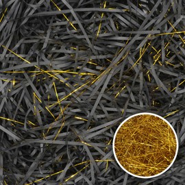 HMJIA Crinkle Paper Filler 1lb/16oz Shredded Paper for Gift Baskets Raffia Grass for Christmas Basket Filling for Birthdays Weddings Anniversaries Valentines Day (Black + Gold, Straight)