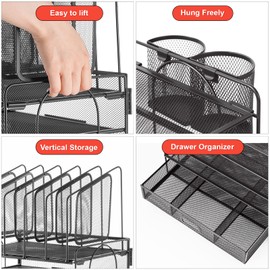 Marbrasse Desk organizer with Drawer, 4-Tier Mesh File Organizer with 5 Vertical File Holders and 2 Pen Holders, Multifunction Desktop Organizer,Desk Organizers and Accessories for Home Office