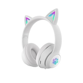 Cat Ear Bluetooth Headphones 5.0 with Lighted LEDs, Up to 8 Hours of Continuous Playtime, Wireless/Wired & Noise Cancelling, Built-in Mic, Adjustable Size, for Sports & Games (Adults & Kids)" (White)
