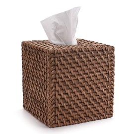 DOKOT Rattan Tissue Box Cover Square Napkin Holder for Home Office Car (Honey Brown, 14x14x15CM)