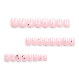 KXAMELIE Pink Press on Nails Short Square Heart Pattern Fake Nails Press Ons,Cute Acrylic Glue on Nails With Crystals Design For Women Girls Winter Decoration in 24PCS