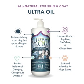 Ultra Oil Dog & Cat Supplement with Hemp, Flaxseed & Fish Oils - 32oz - For Dry Skin, Dull Coat, Hot Spots, Dandruff, Allergies