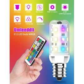 Umleeddlt E12 LED Bulb, 25W Equivalent, Warm White/Cold White/RGB 12 Color Changing, CRI 85+, 4 Auto Cycle Modes, Sync & Memory Function, T4 LED Bulb Dimmable, Efficient 2.5W, AC 120V (E12, 2 Pack)