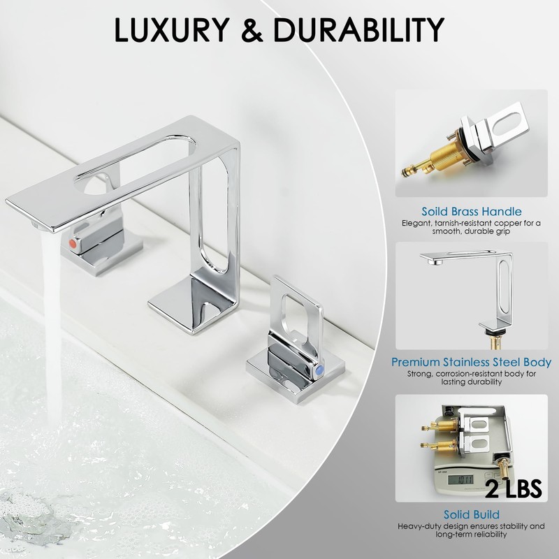 BAKALA Chrome Bathroom Faucet 3 Hole, 8 inch Widespread Bathroom