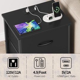 Vagusicc Nightstand with Charging Station, Bedside Table with USB Ports and Outlet, End Table Side Table with 2 Fabric Drawers for Bedroom, Living Room, Black