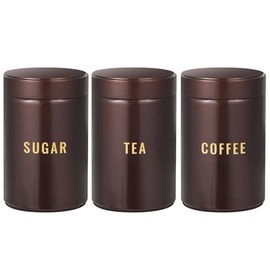 Bayseun Tea Coffee Sugar Canisters, Set of 3 Tea Coffee and Sugar Canisters for Home, Easy Open & Airtight Lids, Tea Caddy, Kitchen Storage Jars, Decorative Tins, Brown