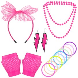 LLOUSSAK 80s Outfit Women's Set, 5 Pieces 90s Accessories Women's Rose Headband, Earrings Fishing Net, Gloves, Necklace, Bracelet, for 80s, 90s Theme Parties, Neon Parties, Carnival, pink