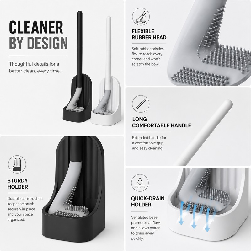 Wall-Mounted Toilet Brush with Base – Soft Rubber Cleaning Head
