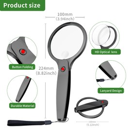 10X 30X Foldable Handheld Magnifying Glass, Pocket Reading Magnifier, 90mm Shatterproof Lens, Ideal for Reading Small Prints & Low Vision Seniors,Inspection, Kids Nature Exploration, Travel