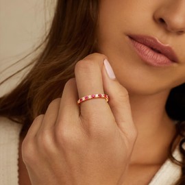 RANDES Ruby Ring Half Eternity Band 14k Gold Plated Sterling Silver July Birthstone Ring Ruby and Gold Stack Rings Red Stone Wedding Band Size 10