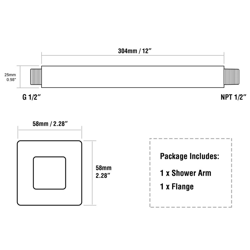 Matte Black Shower Arm with Flange 12 Inch Replacement Extension