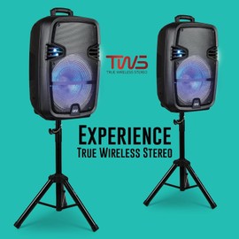 QFX PBX-616SM 15" Bluetooth Rechargeable Speaker with LED Lights, Mic and Stand, Black