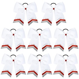 8PCS Glitter Cheer Bow Large White Cheer Bows Rhinestones Hair Bows Girls 8"Cheerleading Bows Bulk Elastic Band Ponytail Holder for Teen Girls College Sports Competition