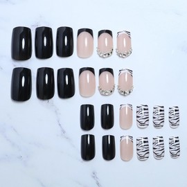 Square Press on Nails Medium Fake Nails French Tip False Nails with Black White Stripes Design Glue on Nails Rhinestone Full Cover Stick on Nails Glossy Acrylic Nails for Women Manicure Kit 24Pcs