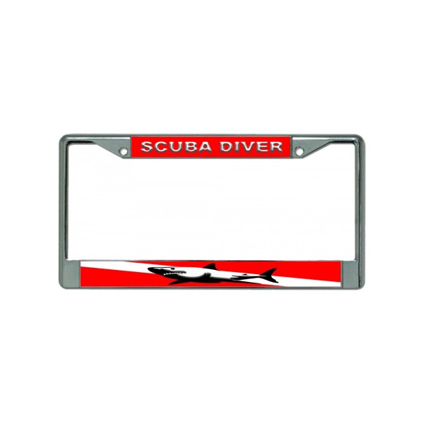 DIGIART SCUBA DIVER DIVE FLAG SHARK Chrome Metal Car License