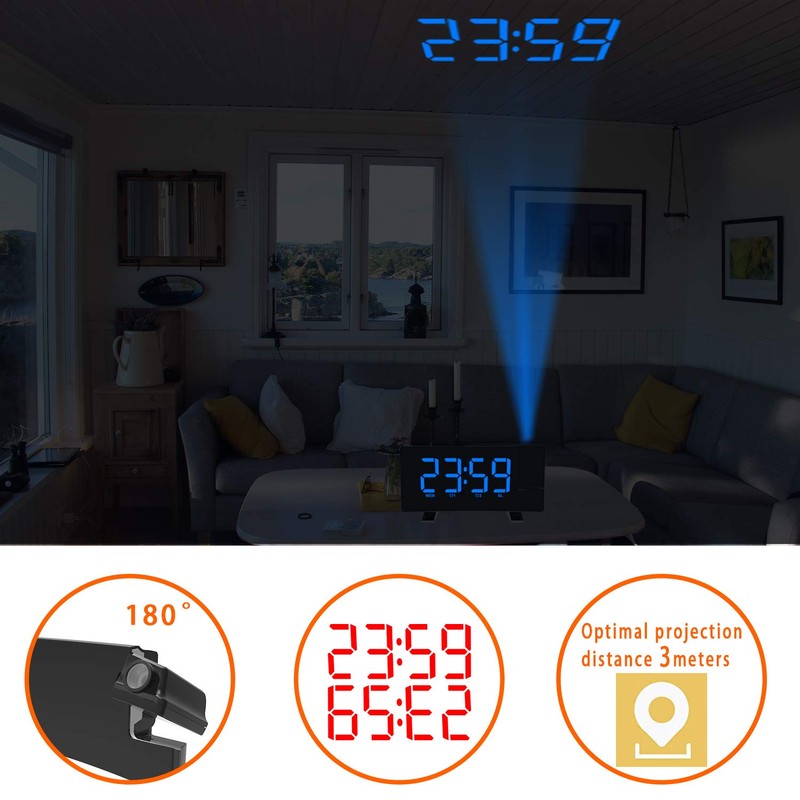 DollaTek Projection Alarm Clock for Bedroom Digital Ceiling Radio Alarm