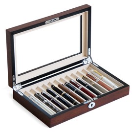Bonaking Fountain Pen Display Case with 12 Pens, Wood Pen Display Box, Lockable Pen Storage Box with Glass Top, Pen Box Organizer, Pen Collection Display Case (Brown with White Velvet)