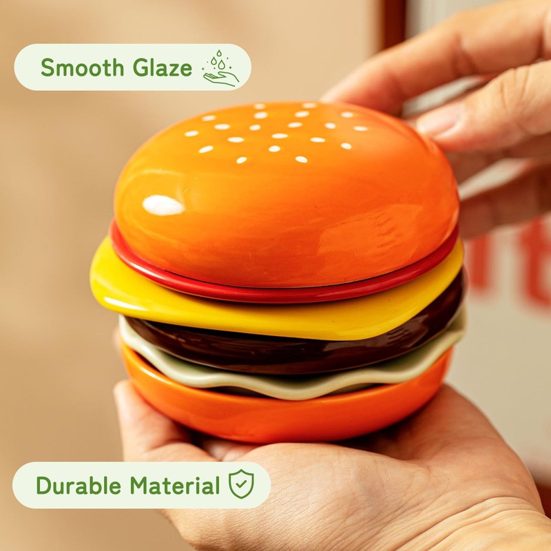 Ceramic Burger Plates Set 6, 3.9x3.3in,Stackable Dip Bowls, Hamburger-Shaped Sauce