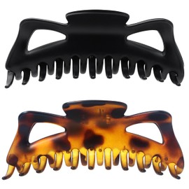 Extra Large Claw Clips for Thick Hair and Long Hair, 2 Pack XXl Jumbo Claw clips, Oversized Matte Non-slip Butterfly Hair Clips for Women, Big Strong Hold Jaw Clip, Black & Leopard