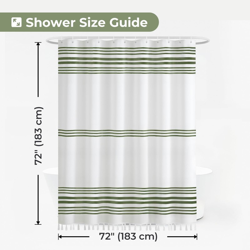 Seasonwood Sage Green Shower Curtain Boho Stripe Shower Curtains with