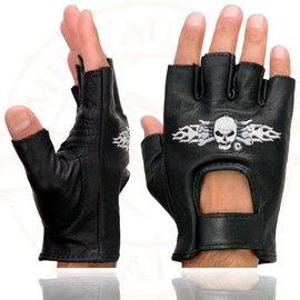 Milwaukee Leather SH353 Men's Black Leather Gel Padded Palm Fingerless Motorcycle Hand Gloves W/ ‘Embroidered Skull & Bones’ - Large